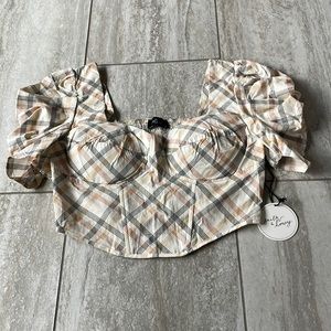 Milk & Honey,cropped top,asymmetric,popped sleeves sheered back for women,Large